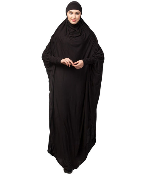Black 100% Viscose Knits /Jersey Head to toe smocking at sleeve ready to wear one pc hijab with Naqab