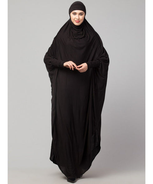 Black 100% Viscose Knits /Jersey Head to toe smocking at sleeve ready to wear one pc hijab with Naqab