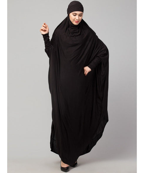 Black 100% Viscose Knits /Jersey Head to toe smocking at sleeve ready to wear one pc hijab with Naqab