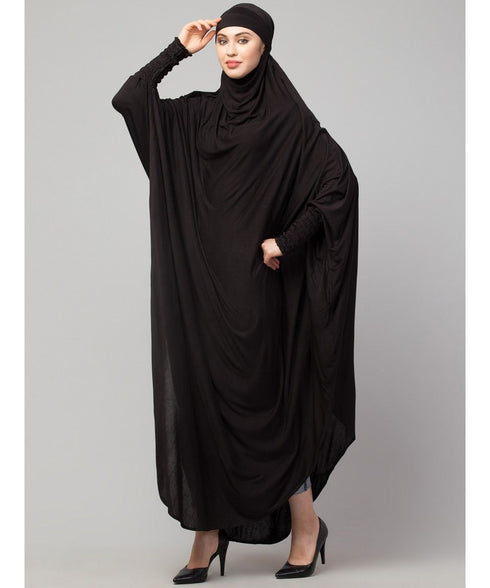 Black 100% Viscose Knits /Jersey Head to toe smocking at sleeve ready to wear one pc hijab with Naqab