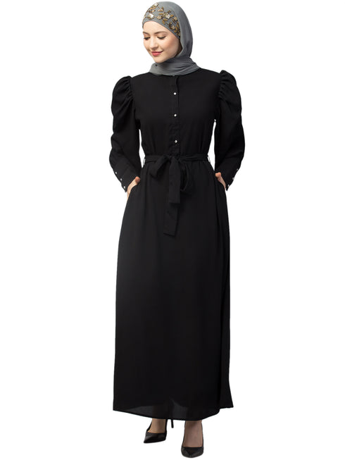 Nazneen front open till waist gathered puffed Sleeve long cuff with belt Casual Abaya