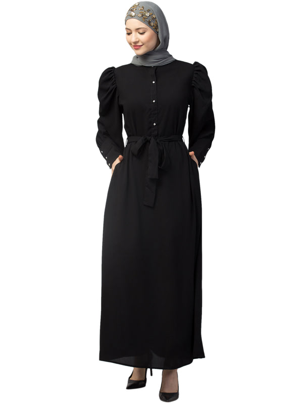 Nazneen front open till waist gathered puffed Sleeve long cuff with belt Casual Abaya
