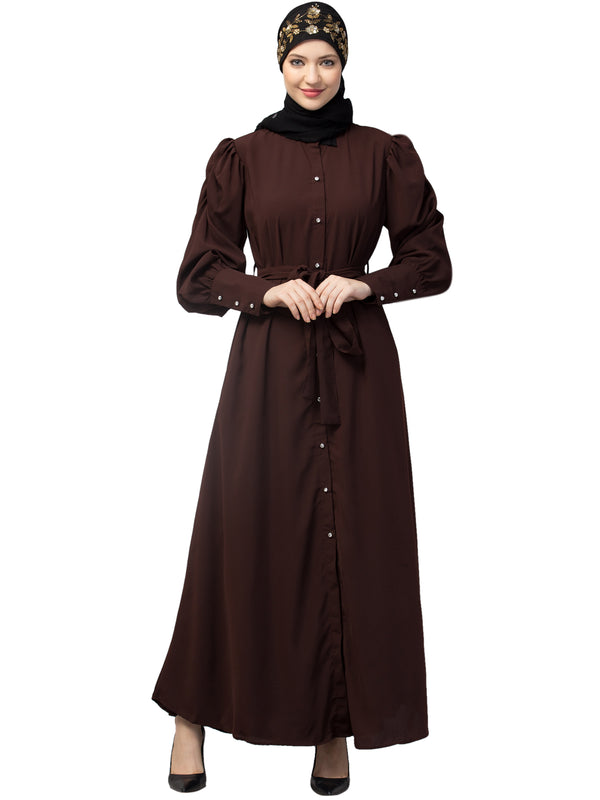 Nazneen Front Open long Cuff Gathered Puffed Sleeve Casual Abaya
