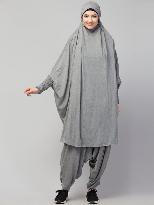 Modest Light Grey Jersey Khimar and Harem Pant Set | Full Coverage Daily Wear