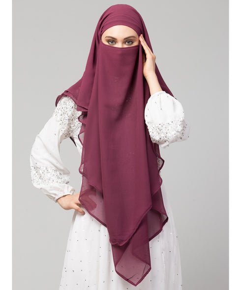 Plum Polyester georgette Triangle tow layers tie at back Ready to wear Hijab cum Naqab