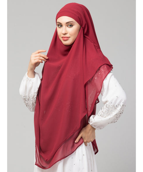 Maroon Polyester georgette Triangle tow layers tie at back Ready to wear Hijab cum Naqab