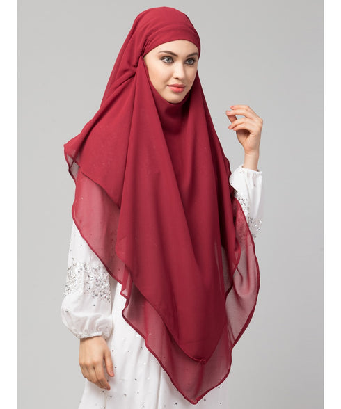 Maroon Polyester georgette Triangle tow layers tie at back Ready to wear Hijab cum Naqab