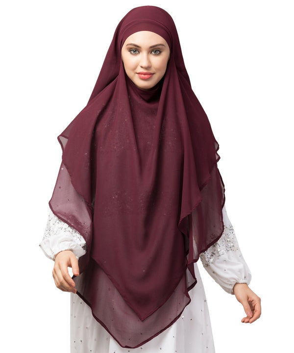 Wine Polyester georgette Triangle tow layers tie at back Ready to wear Hijab cum Naqab