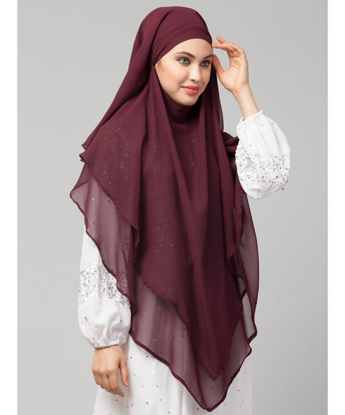 Wine Polyester georgette Triangle tow layers tie at back Ready to wear Hijab cum Naqab