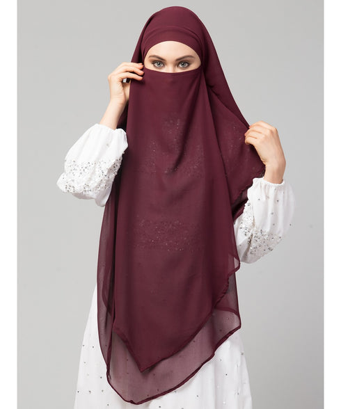 Wine Polyester georgette Triangle tow layers tie at back Ready to wear Hijab cum Naqab