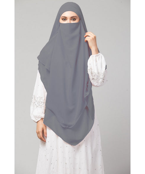Grey Polyester georgette Triangle tow layers tie at back Ready to wear Hijab cum Naqab
