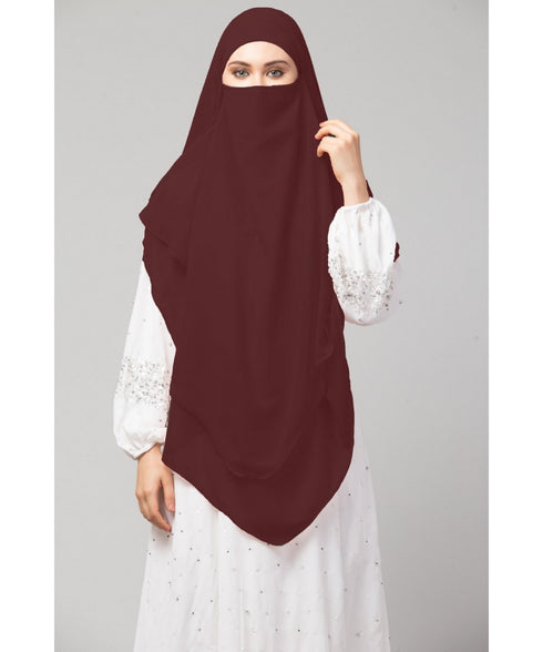 Brown Polyester georgette Triangle tow layers tie at back Ready to wear Hijab cum Naqab