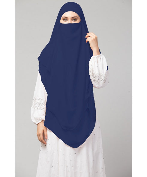 Navy Polyester georgette Triangle tow layers tie at back Ready to wear Hijab cum Naqab