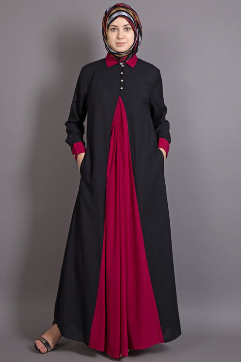 Black And Maroon Poly Crepe Plain Islamic Abaya