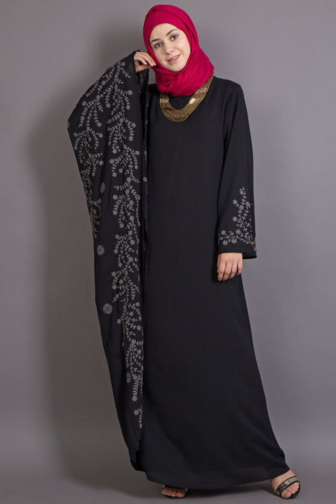 Black Poly Crepe Embroidered Islamic Ramadan Abaya