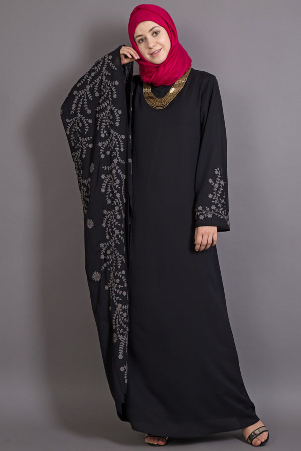 Black Poly Crepe Embroidered Islamic Ramadan Abaya