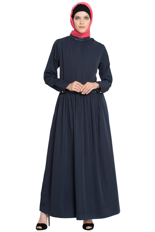 Navy Plain Poly Crepe Islamic Abaya