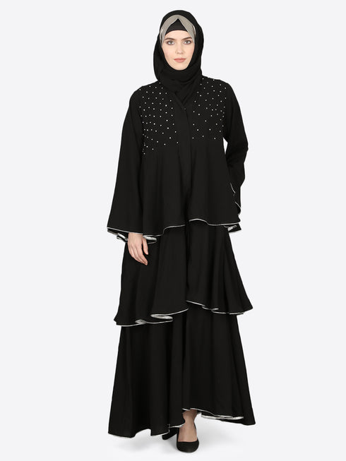 EID Black Nazneen Handwork Ruffled and Bell Layered Ramadan Party Abaya