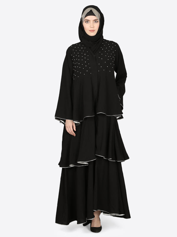 EID Black Nazneen Handwork Ruffled and Bell Layered Ramadan Party Abaya