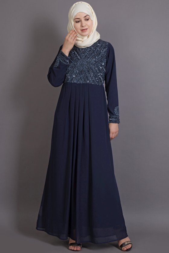 Navy Blue Blue Poly Georgette Glittering Islamic Eid Party Abaya