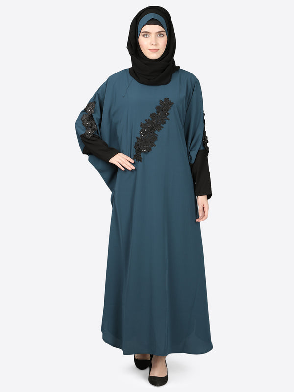 Nazneen Patch Contrst Cuff Teal Kaftan