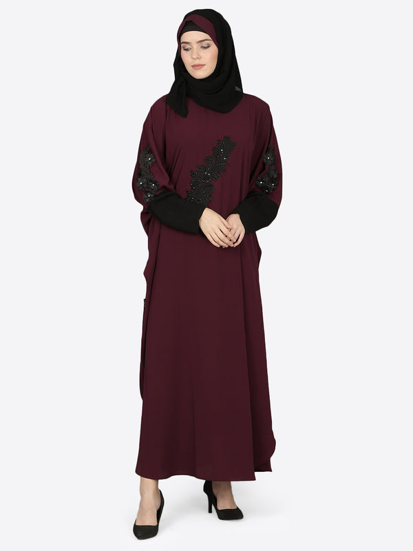 Nazneen Patch Contrast Cuff Wine Kaftan Abaya