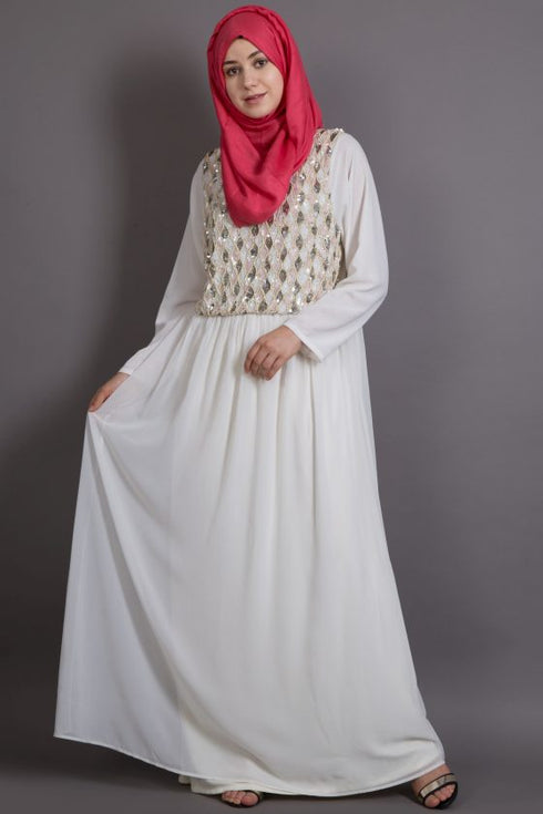 Off White Poly Georgette Plain Islamic EID Party Abaya