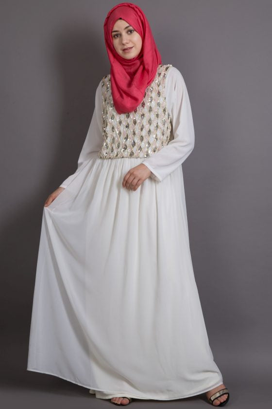 Off White Poly Georgette Plain Islamic EID Party Abaya