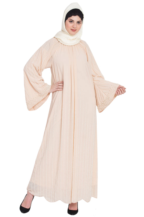 Nazneen Pearls Hand Work Halter Neck Peach Wedding Abaya