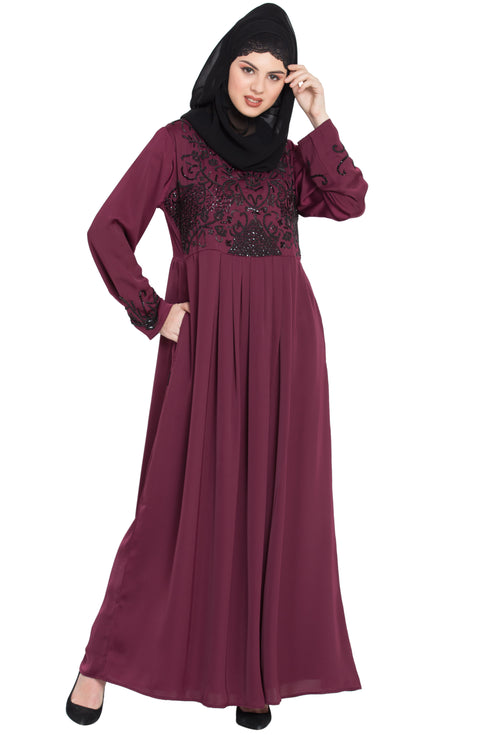 Nazneen Hand Embroidered Wine Party Abaya