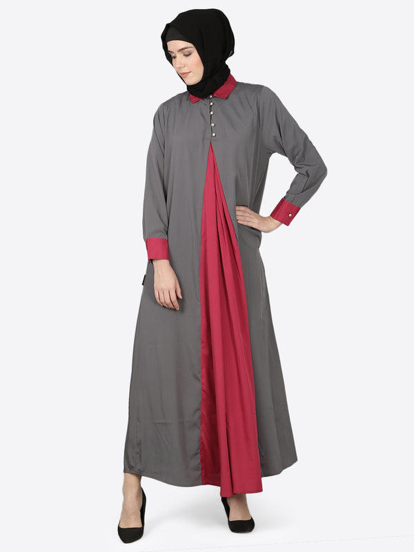 Nazneen Contrast Yoke Grey/Wine Casual Abaya