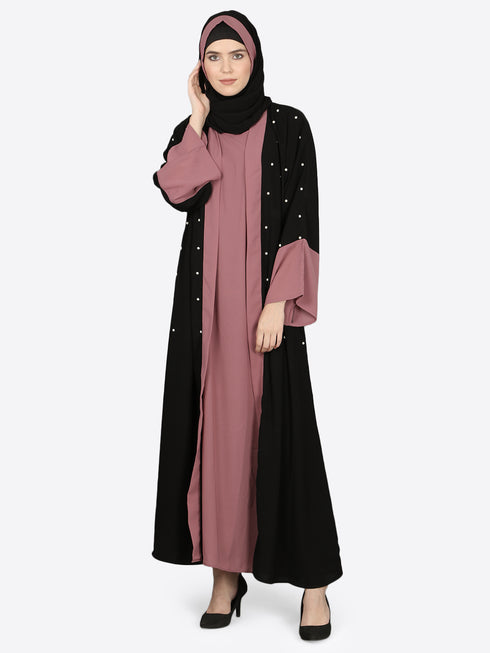 Nazneen Contrast Cuff, Placket , Inner Pearls Beaded Dubai Kaftan