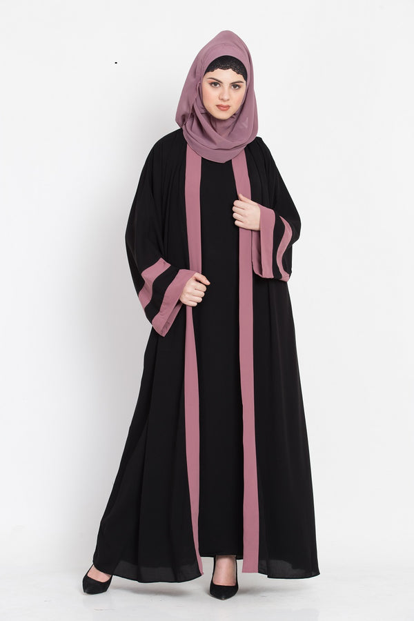 Nazneen Black Abaya Kaftan Crepe Contrast Band 56 Inch