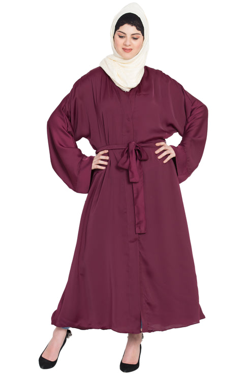 Nazneen Front Open With Belt Wine Abaya