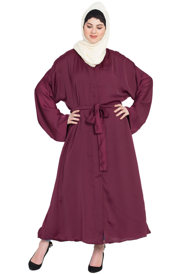 Nazneen Front Open With Belt Wine Abaya