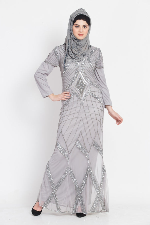 nazneen full embellished grey party abaya