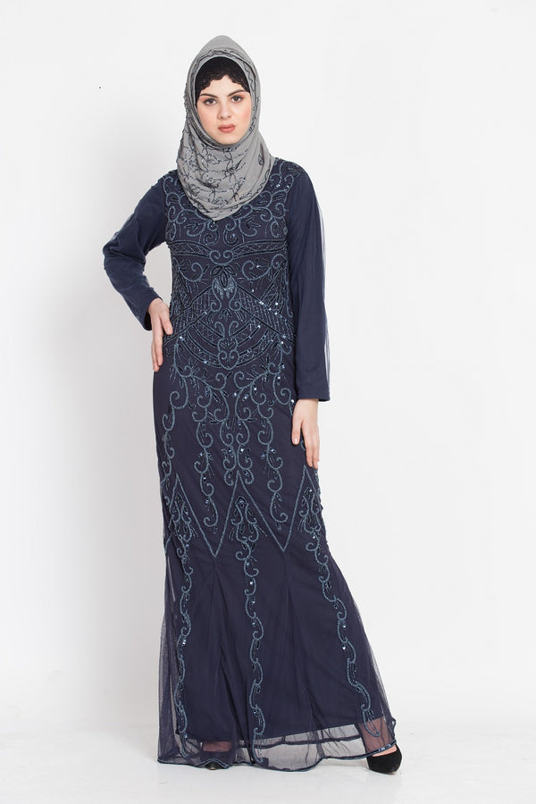 Nazneen Full Embellished Navy Party Abaya