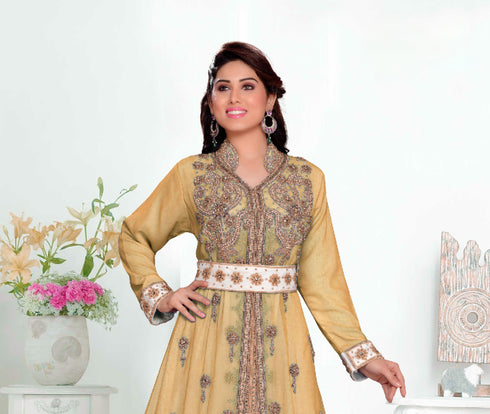 Beige color luxurious Handmade Moroccan Kaftan with hijjab