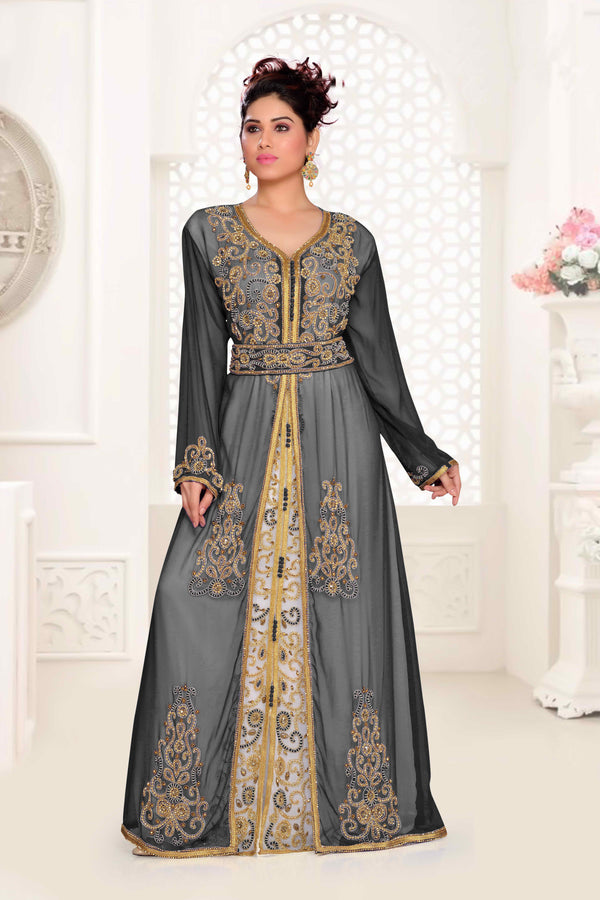 Black & White color luxurious Handmade Moroccan Kaftan with hijjab