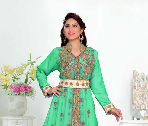 Sea-Green color luxurious Handmade Moroccan Kaftan with hijjab