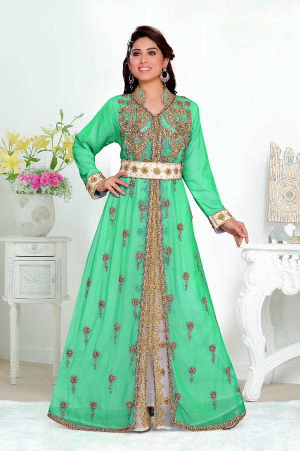 Sea-Green color luxurious Handmade Moroccan Kaftan with hijjab