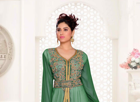 Dark-Green & White color luxurious Handmade Moroccan Kaftan with hijjab