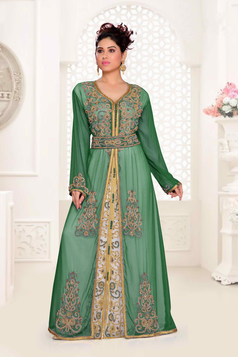 Dark-Green & White color luxurious Handmade Moroccan Kaftan with hijjab