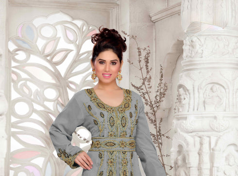 Grey color luxurious Full Sleeves Handmade Moroccan Kaftan with hijjab