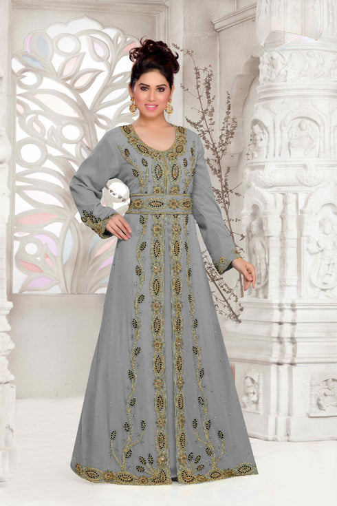 Grey color luxurious Full Sleeves Handmade Moroccan Kaftan with hijjab