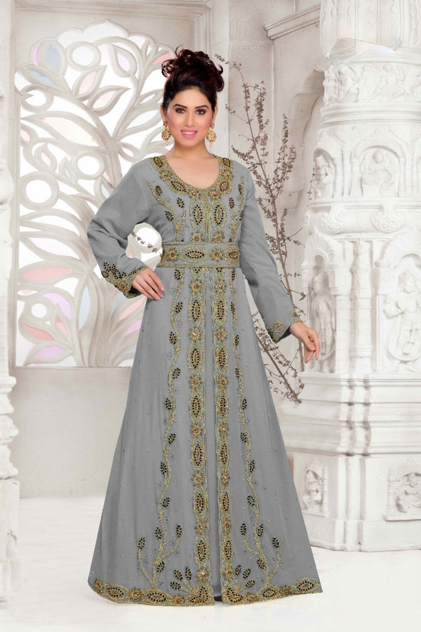 Grey color luxurious Full Sleeves Handmade Moroccan Kaftan with hijjab