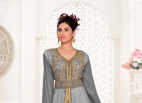 Grey & White color luxurious Handmade Moroccan Kaftan with hijjab