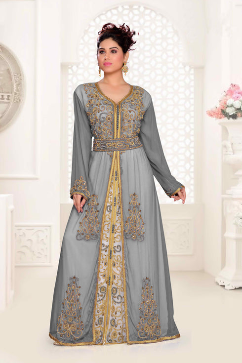 Grey & White color luxurious Handmade Moroccan Kaftan with hijjab