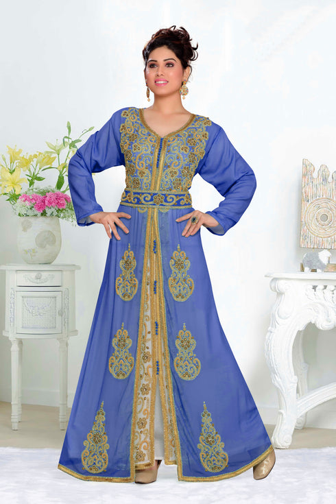 Navy-Blue & White color luxurious Handmade Moroccan Kaftan with hijjab