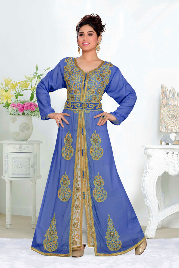 Navy-Blue & White color luxurious Handmade Moroccan Kaftan with hijjab